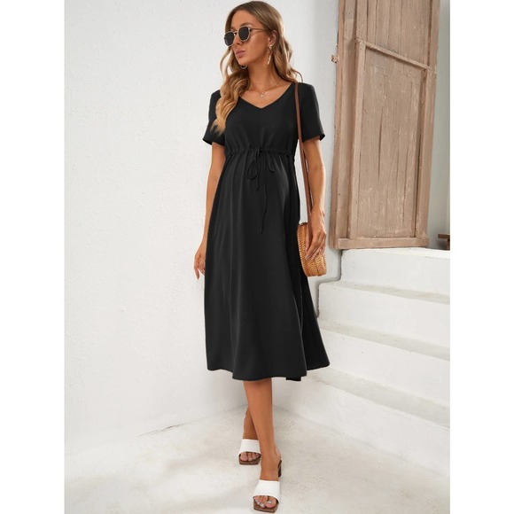 Maternity Drawstring Waist short sleeve midi Dress tan - Picture 11 of 11